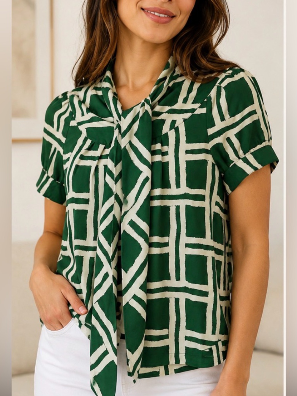 Banana Republic Women's Green White Short Sleeve Tie Neck Blouse Size XS
